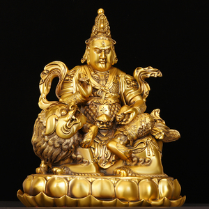 全铜财宝天王摆件多闻天王毗沙坐莲花骑狮大号黄财神家用供养佛像