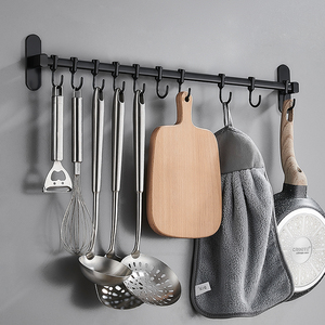 黑色厨房挂钩 免打孔壁挂 挂杆置物架厨具用品勺子锅铲收纳架挂架