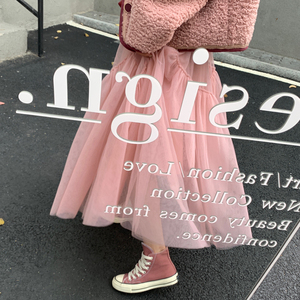 粉色半身纱裙女秋冬高腰中长款冬天配毛衣a字网纱百褶裙子春秋季