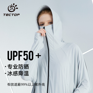 TECTOP探拓夏季新款连帽护脸防晒服女士冰感弹力大码白色轻薄风衣