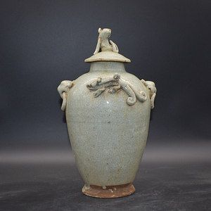 宋代湘湖窑手工雕刻龙纹狗头罐古董老货仿古瓷器古玩旧货收藏摆件