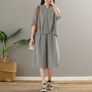 复古文艺棉麻套装女夏季时尚洋气小个子显高休闲气质减龄两件套