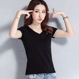 纯黑色修身v领t恤女短袖韩版紧身女士新款夏装上衣半袖体恤基础款