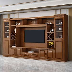 新中式实木电视柜一体组合墙柜收纳柜现代简约多功能酒柜储物家具