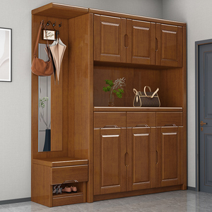 全实木鞋柜带顶柜镜子隔断玄关一体柜靠墙进门衣帽架间厅柜挂衣架