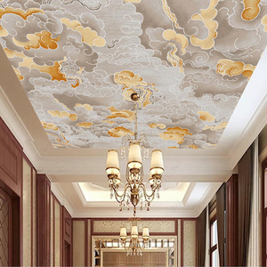 中式祥云寺庙吊顶壁画复古棚顶墙纸国风手绘佛堂墙布客厅背景壁纸