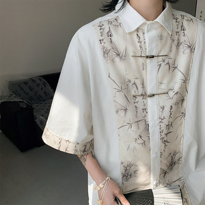 新中式短袖衬衫男款夏季国风潮流拼接kimono道袍宽松翻领半袖衬衣
