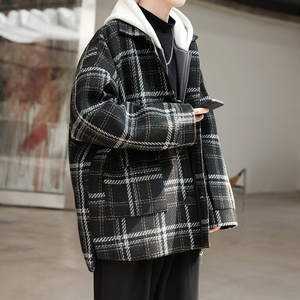 冬季格子毛呢大衣男中长款ins港风加厚情侣风衣韩版潮流呢子外套