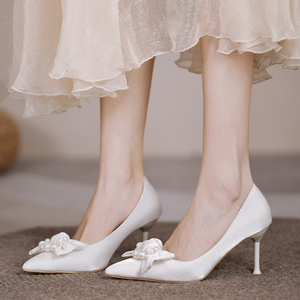 主纱婚鞋平时可穿新娘鞋蝴蝶结高跟鞋女白色配裙子细跟伴娘婚纱鞋