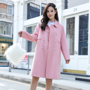 紫色千鸟格双面呢羊绒大衣女潮流行粉色格子