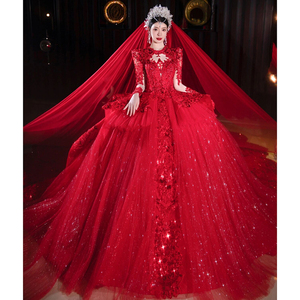 红色主婚纱礼服2024新款法式新娘小个子高级质感复古中式大码拖尾