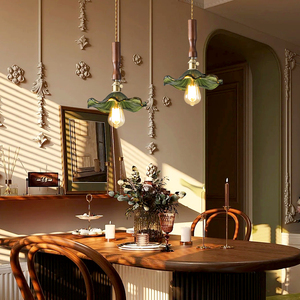 餐厅吊灯中古vintage荷花吧台小吊灯美式绿色复古全铜走廊灯具