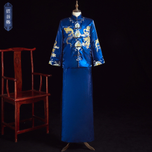 秀禾服新郎2020新款秋冬男士结婚秀禾服蓝色秀和缎面唐装龙凤褂