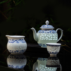 景德镇功夫茶具套装镂空青花玲珑陶瓷手绘中式茶壶盖碗茶杯一整套