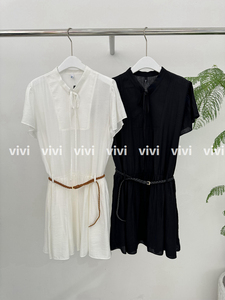 VIVI韩国代购东大门女装2024夏新款领绑带腰带显瘦短袖减龄连衣裙
