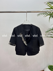 VIVI韩国进口W111女装2024夏新款拼接印花高级感国风短袖西装外套