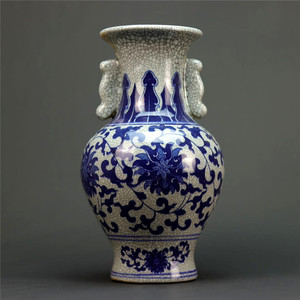 景德镇青花缠子莲纹双耳花瓶 古董瓷器 古玩家居复古摆件仿古收藏