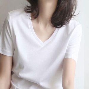 白色V领短袖T恤女士2024夏季新款丝光棉纯色冰丝纯棉体恤净版上衣