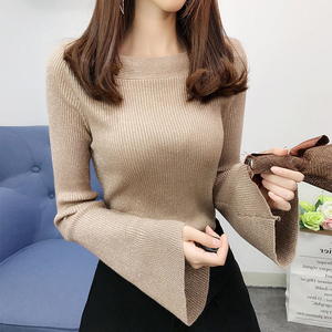 一字领针织打底衫女2022春季新款洋气喇叭袖内搭上衣气质套头毛衣