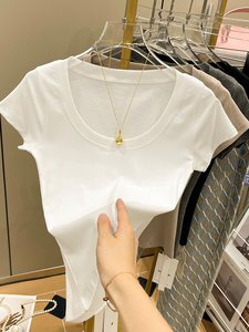 白色短袖T恤女2024夏季新款洋气简约弹力修身上衣短款半袖打底衫