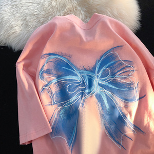 纯棉vintage蝴蝶结短袖t恤女ins潮牌夏季韩版宽松chic港味上衣服