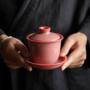 红炉点雪三才盖碗茶杯青瓷猪油冻茶碗单个陶瓷茶具泡茶碗厚胎厚釉