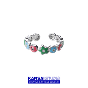 KANSAI新款彩色花朵戒指女小众设计精致甜酷指环可调节个性手饰品