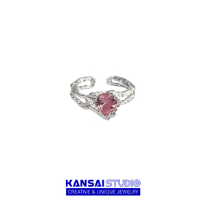 KANSAI不规则粉宝石创意爱心戒指女开口设计可调节小众指环手饰品