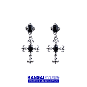 KANSAI黑宝石十字架银针耳钉女高级感气质耳环小众潮设计感耳饰品