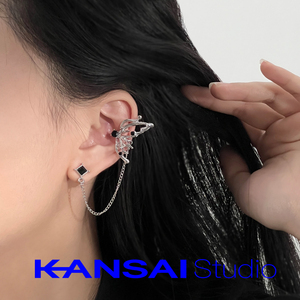KANSAI黑锆石镂空蝴蝶耳环冷淡风酷潮带耳骨夹耳针小众个性耳饰品