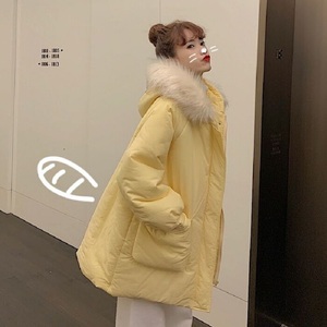 奶黄色棉服2022年新款冬季糖果色中长款羽绒棉面包服仙女连帽外套