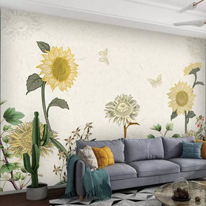 北欧艺术电视背景墙壁纸美式个性创意壁画手绘向日葵油画装饰墙布