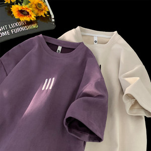 乌梅紫色短袖T恤女简约刺绣高级设计感小众情侣麂皮绒半袖上衣夏