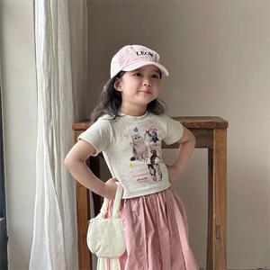 女童韩版洋气修身短袖T恤2024夏女宝百搭美式卡通上衣T恤网红童装