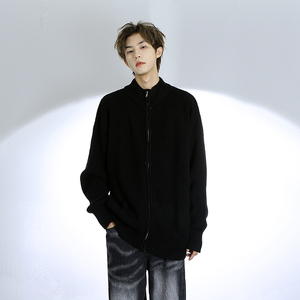 黑衣先生 复古休闲拉链立领开衫毛衣男女情侣装同款ins宽松潮外套
