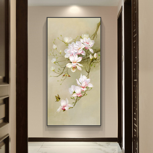 手绘油画花卉蝴蝶新中式入户玄关装饰画竖版轻奢客厅走廊过道挂画