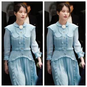 iu李知恩同款蓝色连衣裙木耳边单排扣雪纺裙长裙子2022夏季衣服女