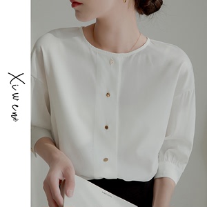 圆领白色衬衫女短袖夏季设计感小众职业OL气质宽松套头雪纺衫上衣