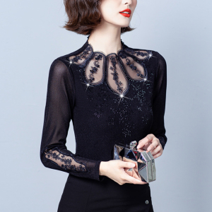 春秋新款高档洋气漂亮小衫蕾丝烫钻时尚网纱打底衫女长袖时髦上衣