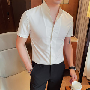 立领男士短袖衬衫夏季新款修身韩版商务冰丝休闲时尚高级感POLO衫