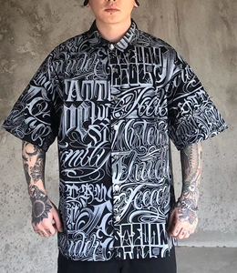 美式西海岸奇卡诺chicano匪帮风格纹身花体字全印花大码重磅衬衣