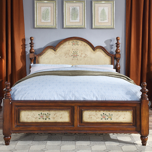 美式实木彩绘复古古典手绘1.5米双人床单人床床头柜套系批量促销
