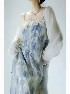 北冥有渔印花吊带裙女夏季法式复古甜美设计长裙小个子雪纺连衣裙