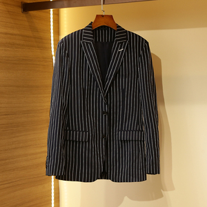 品牌剪标男装藏青色时尚条纹休闲西服舒适有型戗驳领修身单西外套