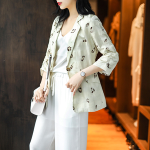 洋气印花真丝小西装外套女桑蚕丝气质韩版西服女秋季薄款显瘦上衣