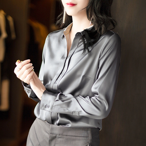 丝绸缎面重磅厚真丝衬衫女长袖桑蚕丝小衫职业衬衣2020春秋装上衣