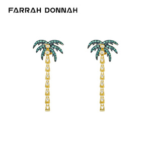 Farrah Donnah法斗纯银椰树镶晶钻长款气质耳坠礼物