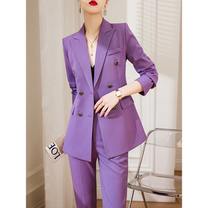 时尚套装女紫色春装茶系穿搭一整套高级感收腰西装两件套高端工服