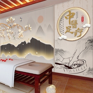 中医泡脚修脚沐足店前台背景墙养生馆吧台装饰壁纸复古足疗店墙纸