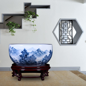 景德镇陶瓷鱼缸名家手绘山水画水缸新中式家居客厅装饰品风水摆件